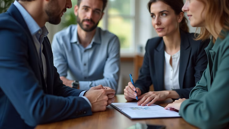 A marketing team discussing data compliance strategies in a meeting room.